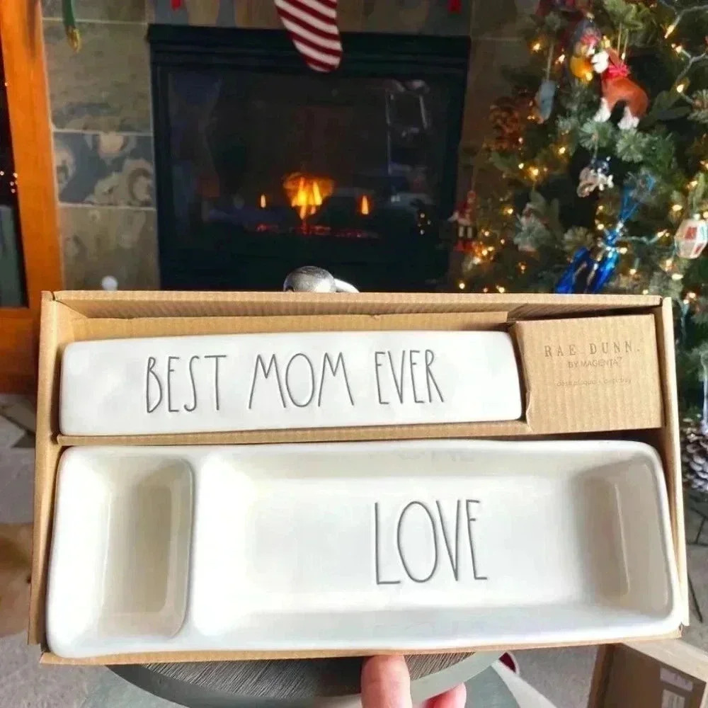 NEW Rae Dunn - BEST MOM EVER / LOVE 💕 Desk Plaque & Tray Office/Organizing SET